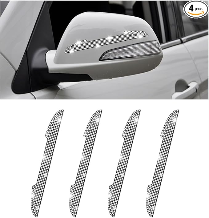 4PCS Bling Car Door Handle Scratch Protector, Crystal Rhinestone Sticker Car Door Edge Guard, Side Rearview Mirror Anti-Collision Strip, Exterior Accessories for Women Men (White)