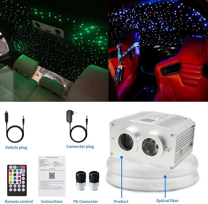 AZIMOM Two Port 16W Twinkle 900pcs Fiber Optic Starlight Headliner Kits 0.03in 9.8ft Fiber Strands Sound Activated Remote APP Control Dual Port Starlight Box Car Home Ceiling Decor