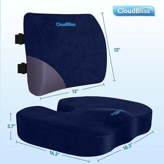 CloudBliss Lumbar Support Pillow & Seat Cushion Set for Office Chair, Desk Chair, Wheelchair & Car–Memory Foam Back Support,Ergonomic Chair Cushions, Sciatica Pain Relief,Home Essentials(Blue,XL)