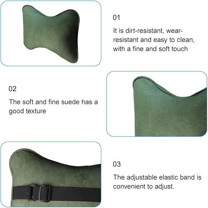 Car Headrest Pillow, Suede Soft Comfortable Breathable Vehicle Seat Neck Support Cushion with Adjustable Strap, Ergonomic Design Auto Head Rest Pad, Universal for Sedan RV Truck (Dark Green)