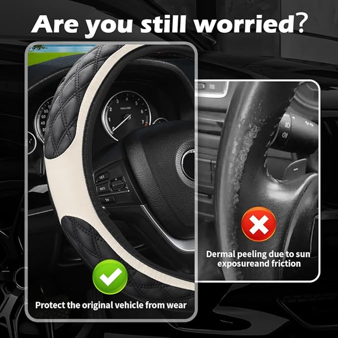 15 Inch Car Steering Wheel Covers with Double Colors,Non-Slip Leather Steering Wheel Cover for Protecting Steerings Wheels,Universal Cars Decorations Car Wheels Cover (White)