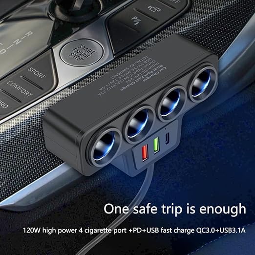 12V/24V Car Charging Adapter Car Power Socket Splitter 120W with USB C Port & 75cm Long Cable for Vehicles