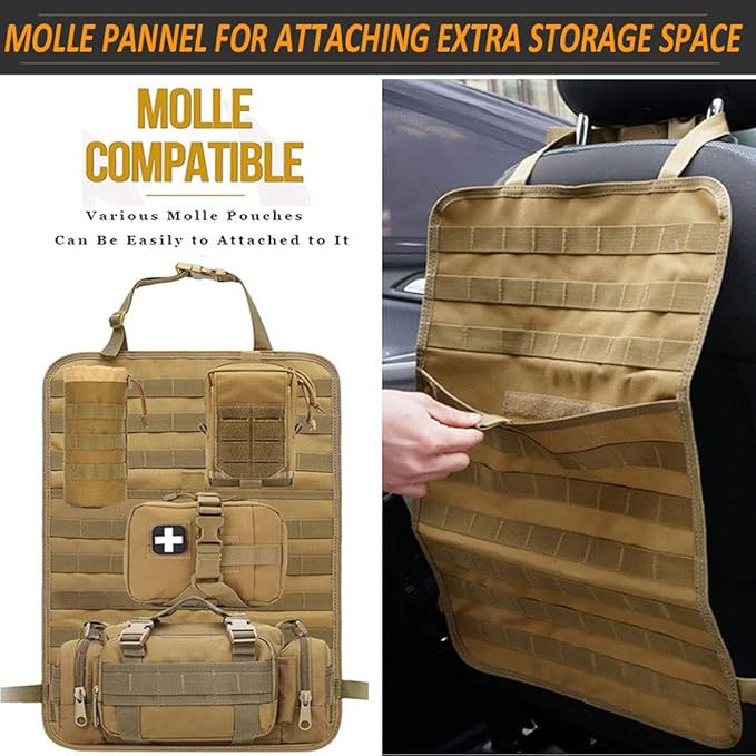 Molle Tactical Seat Back Organizer Panel with Pouches, Universal Fit For Vehicle Car, Khaki
