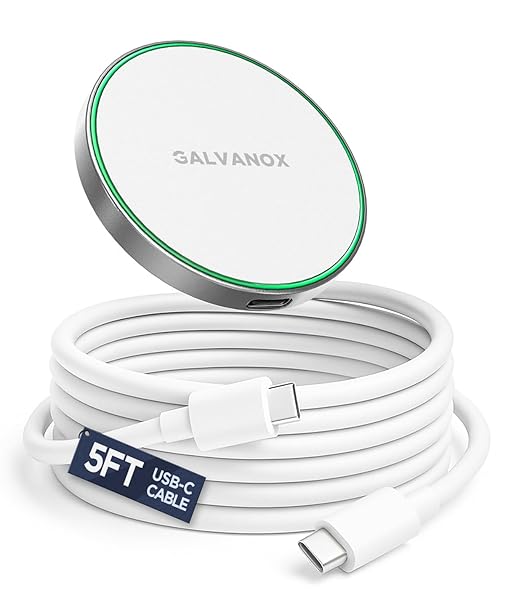 GALVANOX Compatible with MagSafe Wall Mounted Magnetic Wireless Charger, (15W) Fast Charging, Stick-on Adhesive Design with Removable USB-C Cable (5FT) White