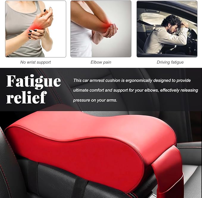 Car Center Console Cover, Soft Memory Foam Auto Arm Rest Pillow with Phone Holder Storage Bag, Waterproof Leather Armrest Seat Box Protector Comfy Cushion Pad for Most Cars (Red)