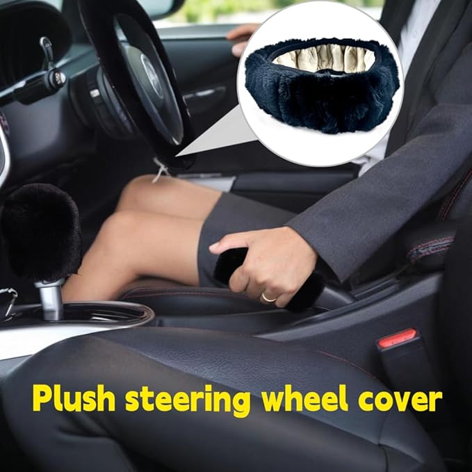Fluffy Steering Wheel Cover, Winter Warm, Suitable for Most Car Steering Wheels in The 14-15 Inch Range (Black, 3PCS)