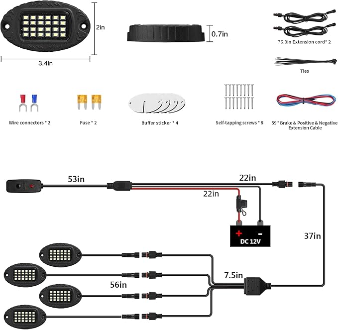 4 Pods Pure White LED Rock Lights, IP68 Waterproof Aluminum 6500K Bright White Underglow Light with Extension cord Harness,12V Metal Fender Lights for ATV UTV SXS RZR Car Golf Cart Trucks Off Road Etc