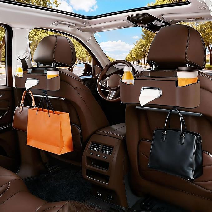 Car Backseat Organizer for Kids & Travelers - 4 in 1 Multifunctional Car Seat Back Storage with Cup Holder, Tissue Box, Snack/Handbag Holder - Nappa Leather Universal Fit for SUV/Van/Sedan (Brown)
