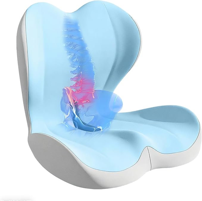 Seat Cushion for Office Chair and Car, Lumbar Support Pillow for Office Chair, Memory Foam Ergonomic Seat Cushion for Long Sitting, Back & Tailbone Pain, Sciatica - Blue & Gray