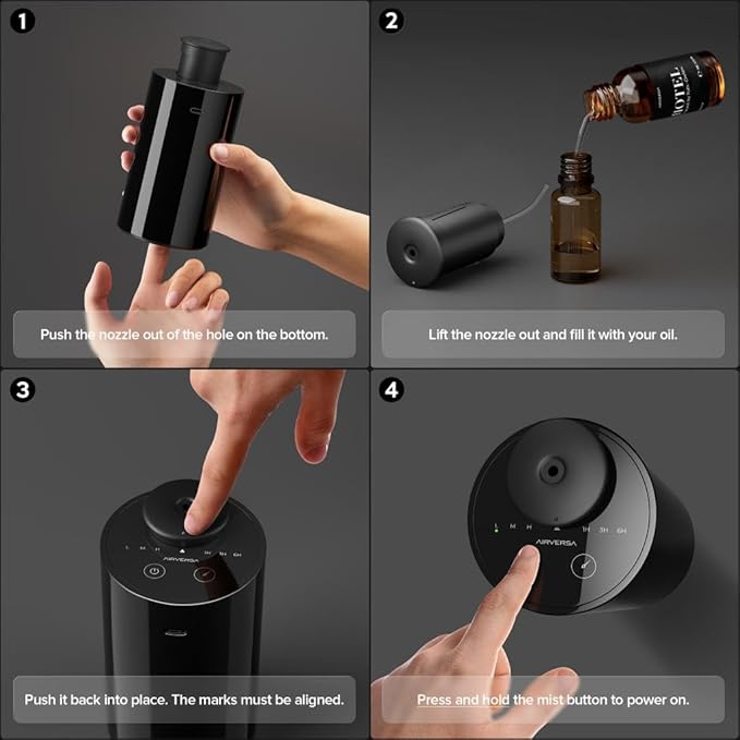 Airversa Waterless Essential Oil Diffuser Starter Kit with 30mL Hotel Fragrance Oil Inspired by Ritz-C., Battery Operated Car Diffuser, Portable Aroma Nebulizer for Home Car Office, AN6Kit-B, Black