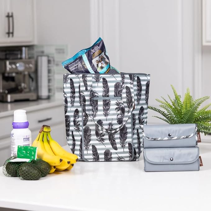 SACHI 3 Piece Market Tote Set – Insulated Thermal Reusable Grocery Bags for Cold and Hot Foods – Lightweight, Portable and Fold-able (Grey Feather Stripe)