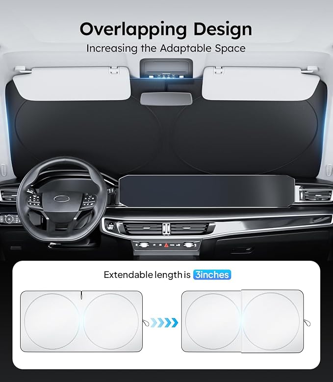 Wigoo 2025 Upgrade Car Windshield Sun Shade [100% Light Block, 4th-Gen Cooling Tech] Foldable Heat Insulation Sun Visor with Storage Bag for Sedan/MPV/SUV/Pickup (XL (69"x35")