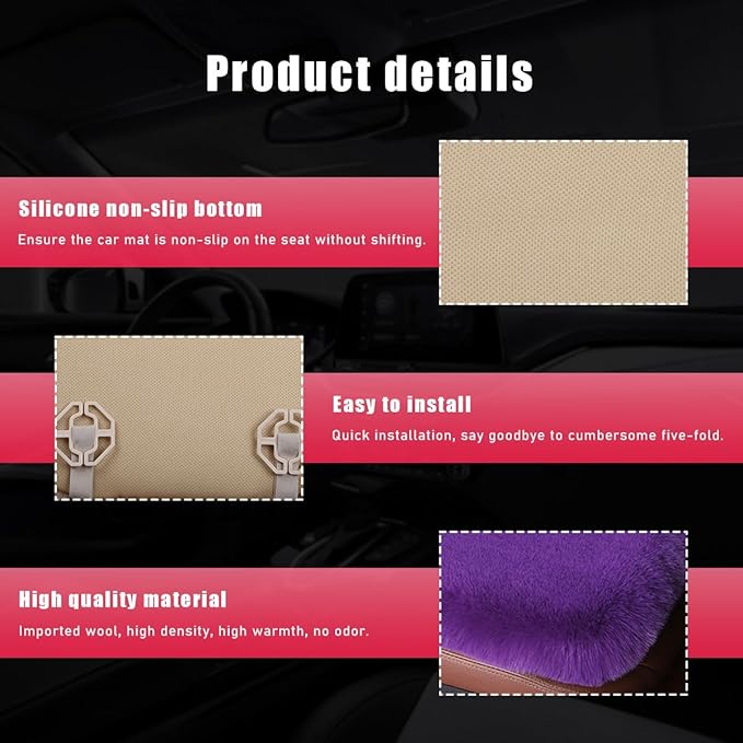 Sheepskin Car Seat Cushion, Comfortable Soft Fur Wool Auto Front Seat Cover, Vehicle Seat Protector Pad for Warm Winter Office Chair, Universal Decor Car Accessories (Purple)
