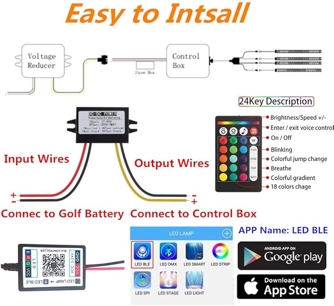 4 Pcs Golf Cart Underglow Lights, RGB Led Strip Lights for EZGO Yamaha Club Car, RF/APP Control, Sound Active, Music Sync with Voltage Reducer, Water Resistant Flexible Tubes