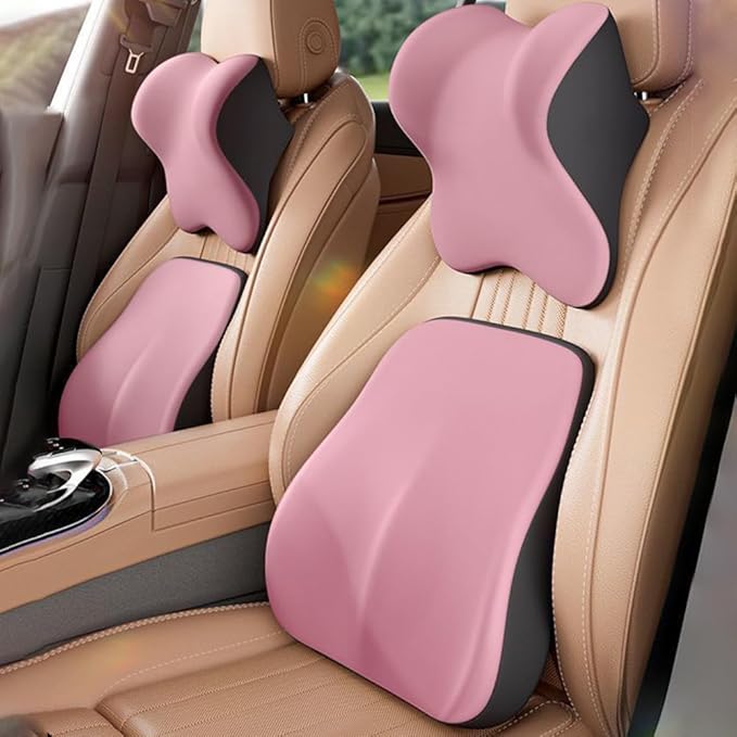 Car Headrest and Lumbar Support Cushion, Car Lumbar Support Pillow Car Neck Pillow Kit, Ergonomic Car Seat Headrest Pillow Lumbar Cushion with Adjustable Strap for Neck Back Pain Relief (Pink)