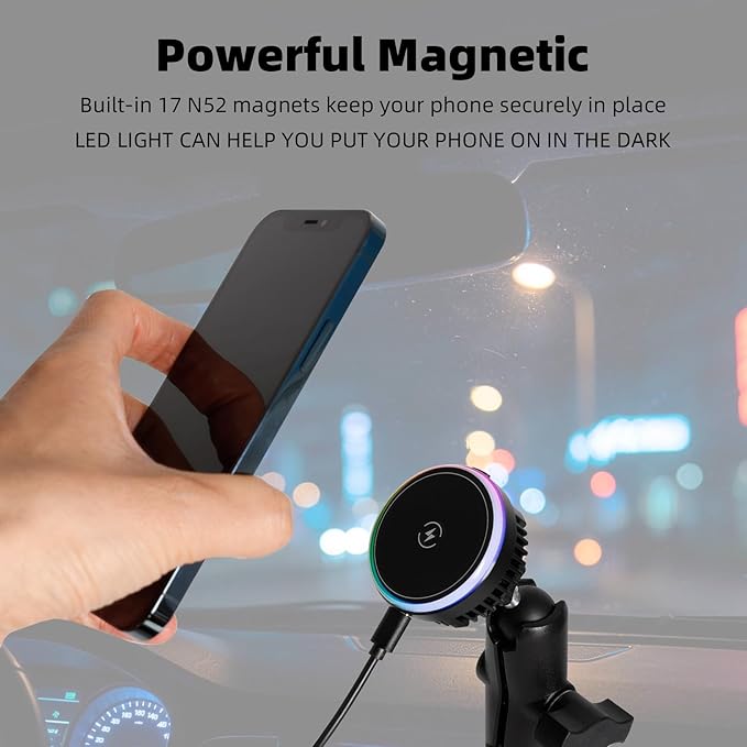 15W Fast Charging Magnetic Wireless Charger with 1" Ball for RAM Mounts - 3.54" Medium Aluminum Alloy Arm, TEC and Fan Dual Cooling - Compatible with MagSafe iPhone 17/16/15/14/13/12 Series