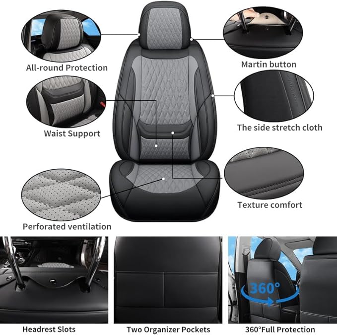 Car Seat Covers Full Set Custom Fit for Pontiac G8 2008-2009 - Premium Faux Leather with Lumbar Support | Breathable, Waterproof, Anti-Slip, Durable (Black&Gray,Full Set)