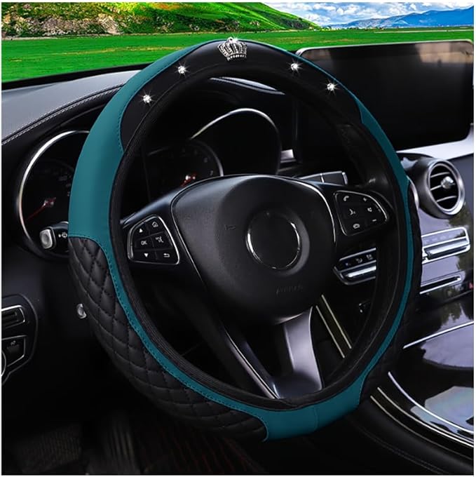 Bling Car Steering Wheel Cover, Diamond Leather Crystal Rhinestones Vehicles Steering Wheel Protector, Sparkling Anti-Slip Automotive Interior Decoration Accessories, Universal Fit(Dark Green)