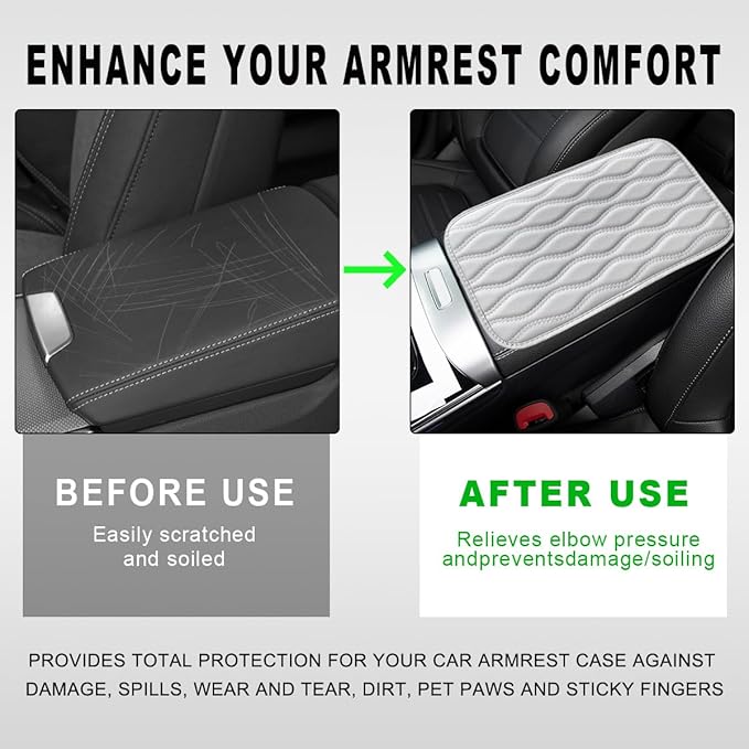 Car Center Console Cushion Pad, 12.48×7.40 Inches Waterproof Car Armrest Seat Box Cover, Comfortable PU Leather Vehicle Armrest Cover Protector, Car Decor Interior Accessories (White)