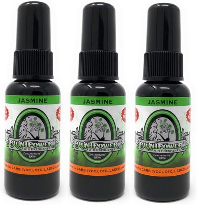 BluntPower (Jasmine, 3 Pack) Concentrated Air Freshener - Premium Oil Based Air Freshener Spray For Home and Car - Long-Lasting Bathroom Spray, Car Freshener, & Odor Eliminator Spray