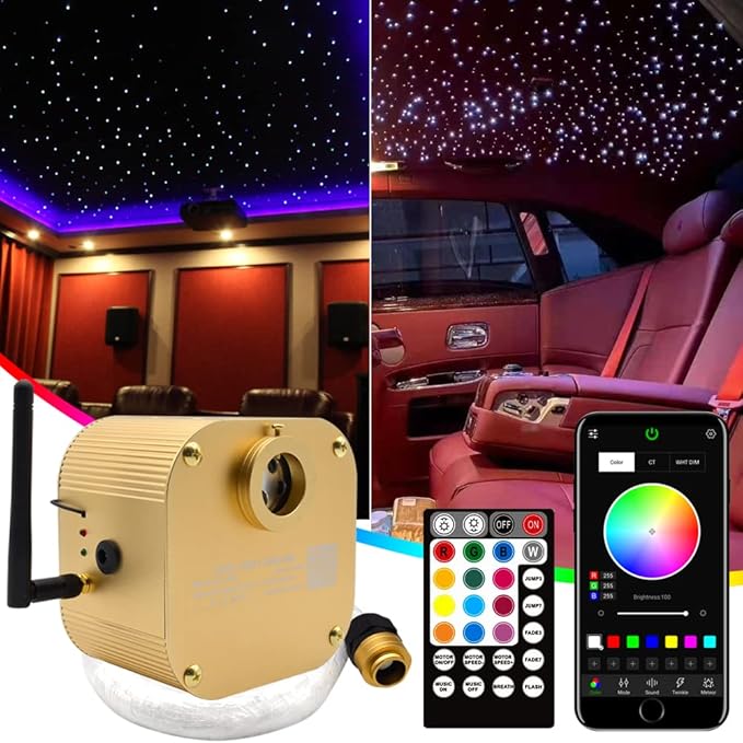 Twinkle Fiber Optic Lights RGBW Music Sync 16W Bluetooth APP Control Star Ceiling Light Kit for Car Home Indoor Interior Decoration Starlight Headliner 550 Pieces 0.03in 13.1ft