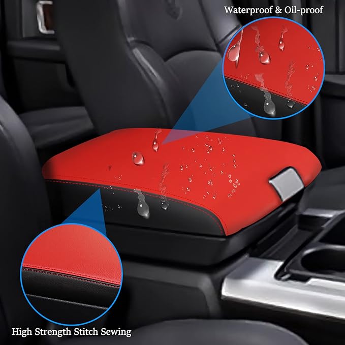 for RAM 2009-2018 Center Console Cover Anti-Scratch Waterproof Leather Armrest Pad Protector Cushion for Dodge RAM 1500 2500 3500 4500 5500 2009-2018 Interior Accessories(Red with Black)