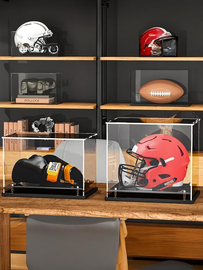 Football Helmet Display case Full Size,Self-Assembly Acrylic Helmet Display Case with Black Protection Holder Base,UV Protection Clear Sports Memorabilia Showcase for Basketball Sneakers