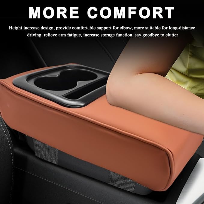Car Center Console Armrest Pillow, 14"×8.3" Waterproof Leather Armrest Box Cover with Cup and Phone Holder, Soft Memory Foam Arm Rest Console Pad Protector for SUV Truck (Brown, Glossy)