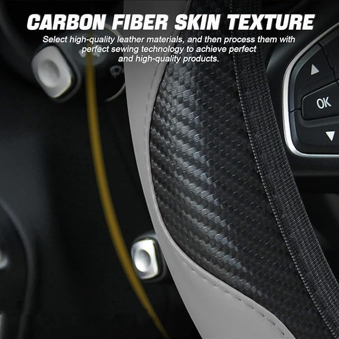 Car Steering Wheel Cover, 15 Inch PU Leather Carbon Fiber Elastic Stretch Without Inner Ring, Breathable Anti-Slip Auto Steering Wheel Protector for Women Men, Universal for Most Cars (Gray)