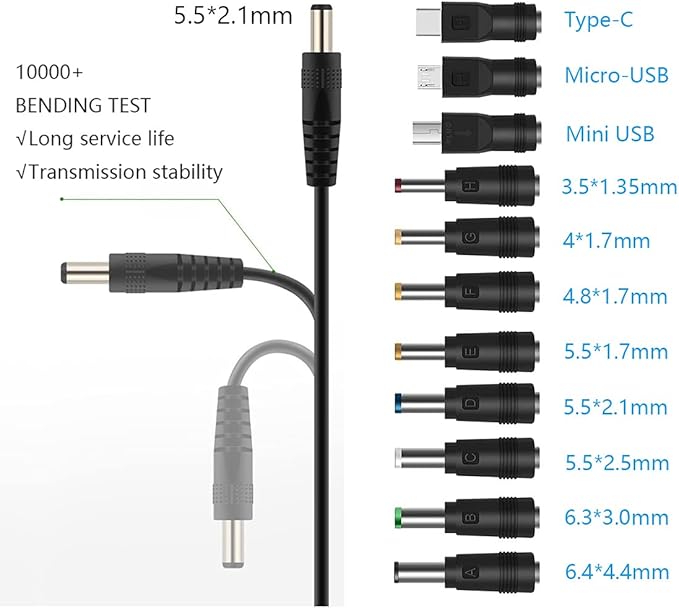 12V Car Charger(Max 10A) + 5V DC Power Cable,with 11 Connectors for DVD Player,Camera,GPS,Bluetooth Speakers,Shaver Fans