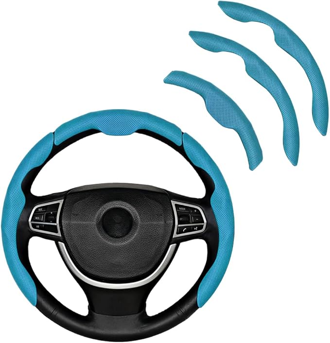 3PCS Car Steering Wheel Cover, Nappa Leather Breathable Non-Slip Segmented Steering Wheel Protector, Snap-on Auto Interior Decoration Accessories, Universal Fit (Blue)