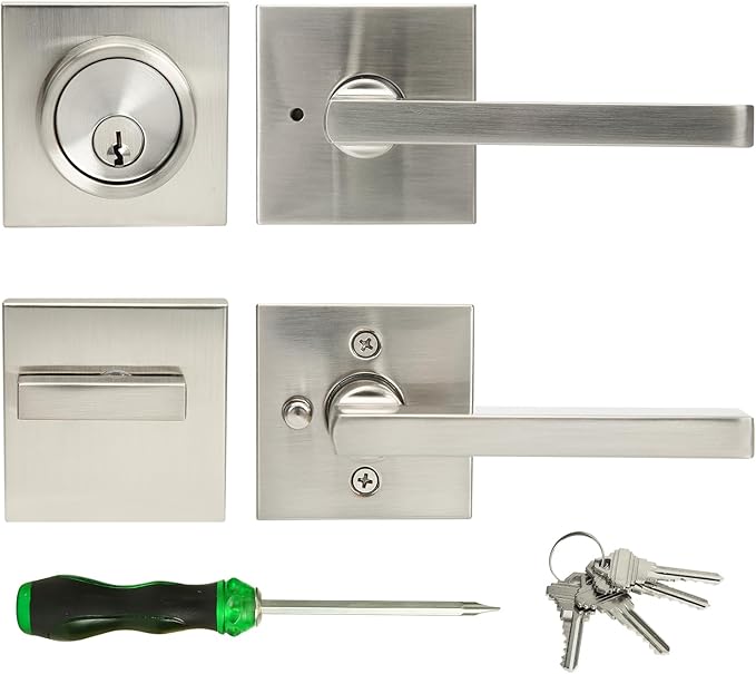 Exterior Door Lock Set with Deadbolt, Front Door Handle Set with Deadbolt, Door Levers Single Cylinder Deadbolt Set, Keyed Alike Heavy Duty Keyed Privacy Handles Locksets,(Satin Nickel)
