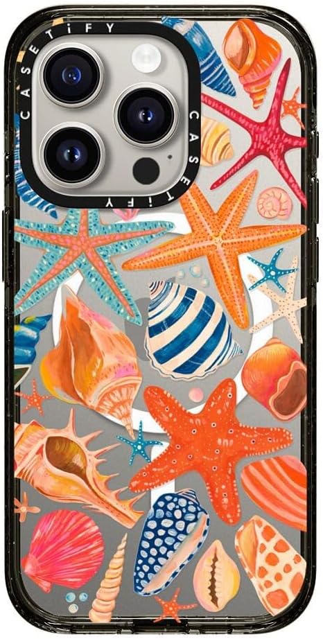 CASETiFY Impact iPhone 15 Pro Case [4X Military Grade Drop Tested / 8.2ft Drop Protection/Compatible with Magsafe] - Sea Shells - Clear Black
