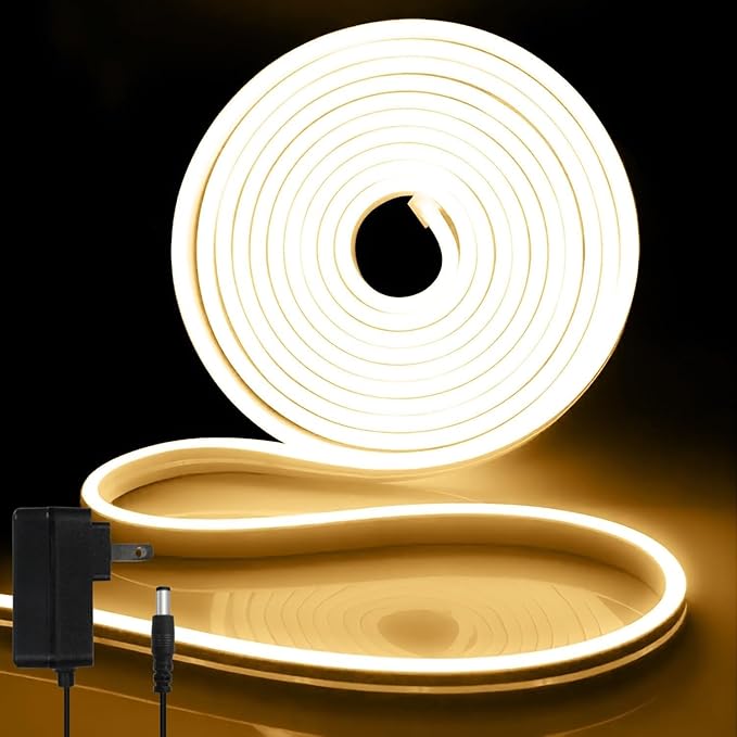 iNextStation Warm White LED Rope Lights 16.4FT/5M DC12V LED Strip Lights, IP65 Waterproof Silicone Neon Light Strip, Flexible Led Light Strip 0.98in Cut for DIY, Rope Led Lights for Bedroom(with Plug)
