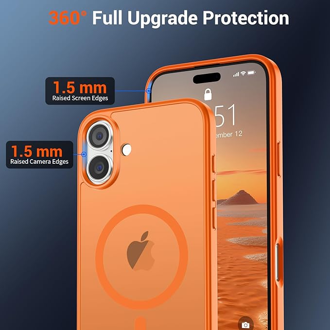 SUPFINE Magnetic for iPhone 16 Case with Screen Protector (Compatible with MagSafe) (Military Grade Drop Protection) Translucent Matte Shockproof Phone Cover,Starry Orange