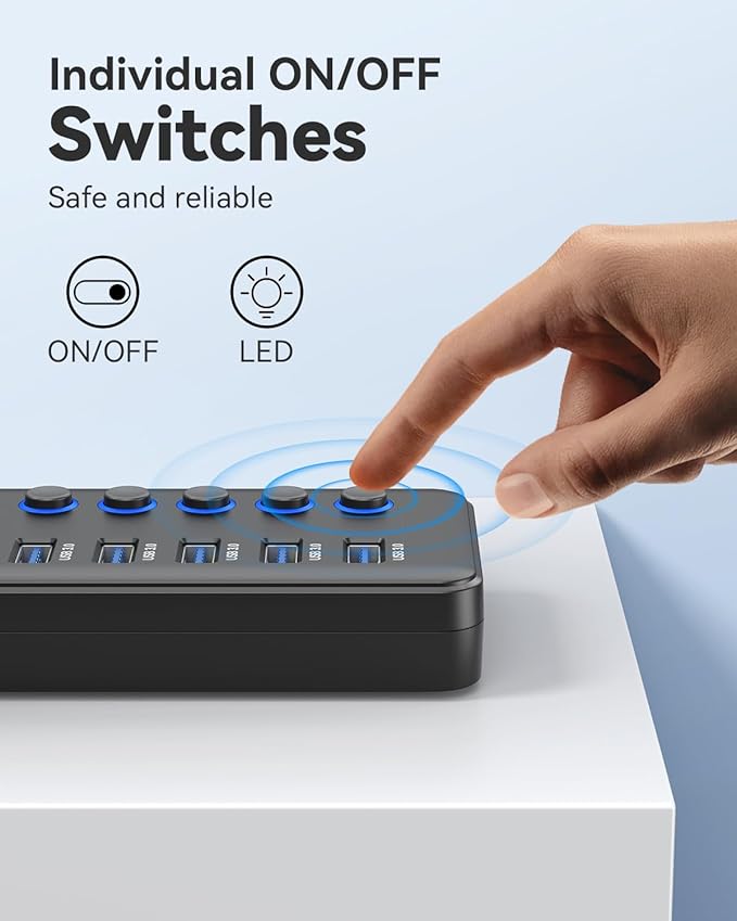 Powered USB 3.0 Hub, Wenter 48W 11-Port USB Hub Splitter (7 Faster Data Transfer Ports+ 4Pcs QC Charging Ports) with Individual LED On/Off Switches, USB Hub 3.0 Powered with Power Adapter