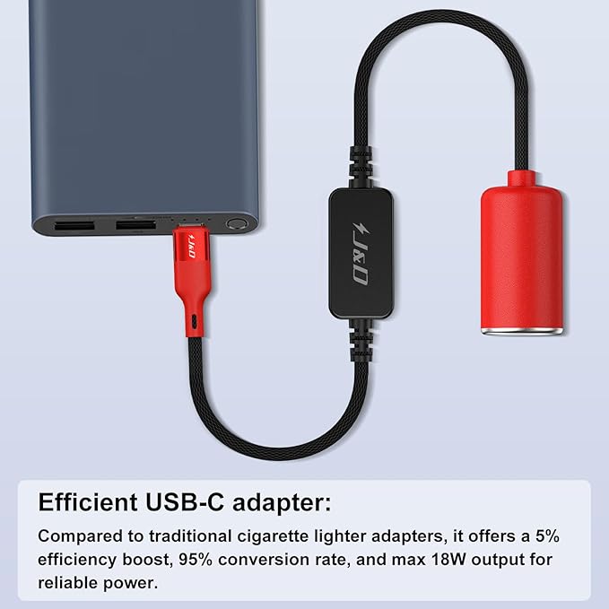 J&D USB C Male to 12V Car Cigarette Lighter Socket Female Converter Cable, 12V 18W Power Cable for Dash Cam, GPS, Car LED Light Strips, Red, 1 ft