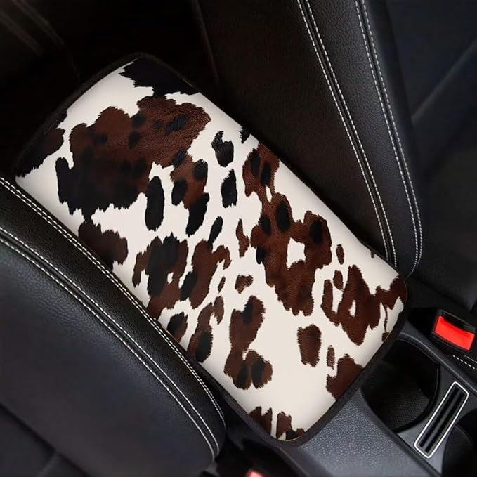 Coldinair Brown Cow Print Universal Car Center Console Pad Soft Armrest Protector Cover Fit for Most Vehicle,SUV,Truck,Car Interior Accessories Decor