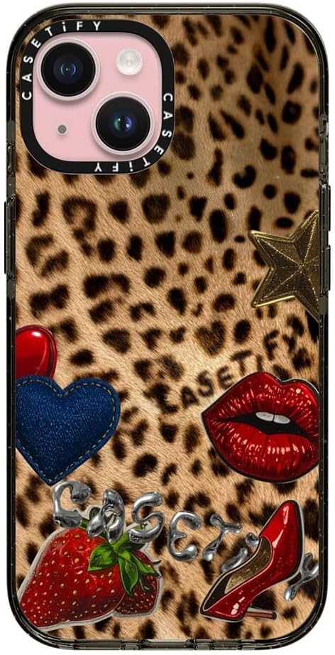 CASETiFY Impact iPhone 15 Case [Slim/Compatible with Magsafe / 8.2 ft. 4X Military Grade Drop Protection] - Patched Cheetah - Clear Black