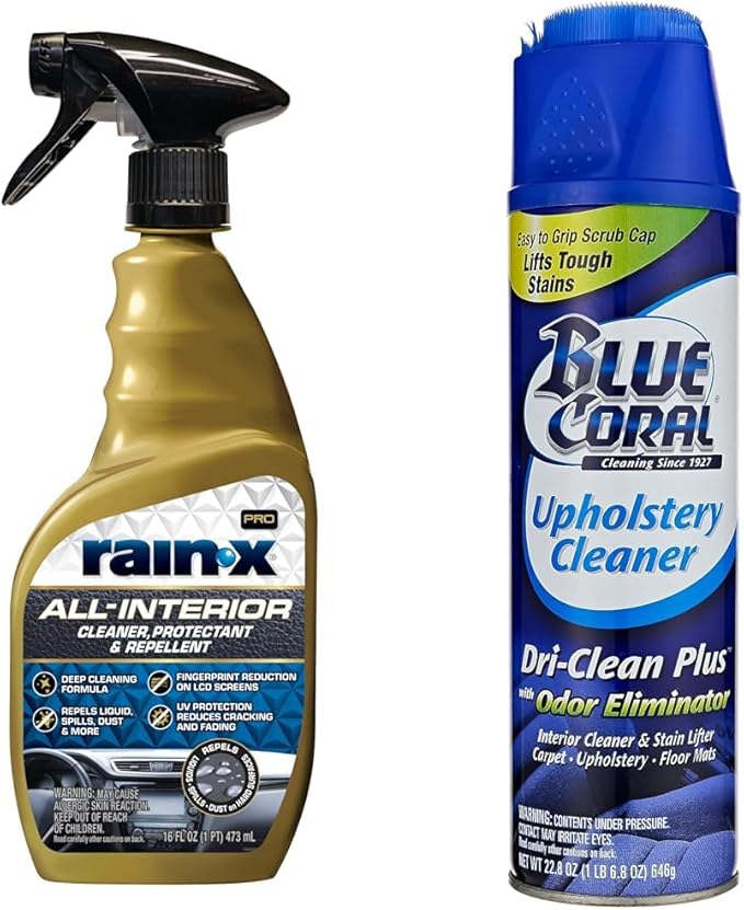 Rain-X 16 Fl Oz Cherry Scent Interior Cleaner & Protectant + Blue Coral 22.8 oz Dri-Clean Plus Upholstery Cleaner Bundle - Complete Car Interior Cleaning Kit