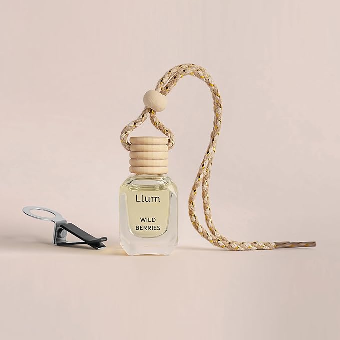 Llum Wild Berries Hanging Car Air Freshener – Luxury Automotive Perfume Diffuser 10ml (0.34 fl oz), Long-Lasting Fragrance, Alcohol-Free Non-Toxic Scent, Glass Bottle With Wood Cap & AC Vent Clip