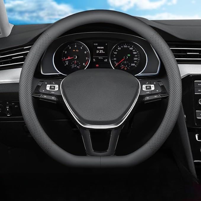 Leather car Steering Wheel Cover, Ultra-Thin, Non-Slip, for Men and Women, Round/D-Shaped, wear-Resistant in All Seasons, Universal Interior Decoration Accessories Grip Cover (Type D)