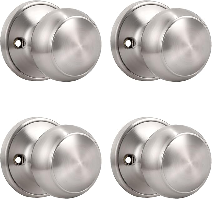 KNOBWELL 4 Pack Brushed Nickel Dummy Door Knob, Single Sided Handle for Closets, French Double Doors, and Pantry, Satin Nickel One Side Non-Turning Interior Push/Pull Door Knob