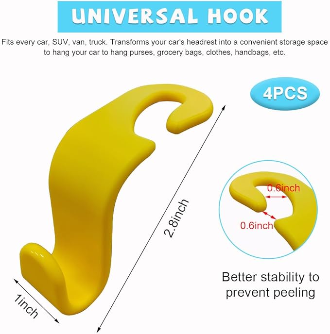 Ziciner Car Seat Headrest Hooks, 4 Pack Auto Durable Backseat Hangers Storage Organizer, Universal Vehicle Interior Holder Accessories for Purse, Grocery Bags, Handbag, Cloths ect (Yellow)