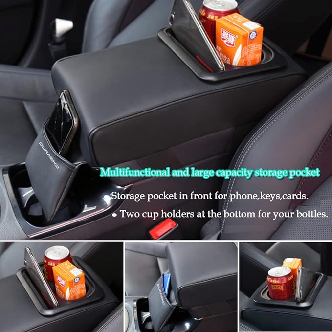 Car Center Console Pad with Front Storage Pocket for Phone,PU Leather Armrest Cushion with Cup Holder,Elbow Rest Pillow,Universal Car Armrest Seat Box Cover Protector for Most Vehicles