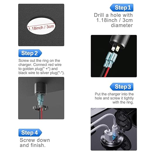 Aluminum Alloy USB C Car Charger Socket,12V USB C Outlet, PD 36W and Quick Charge 3.0 18W Dual Port Waterproof Power Adapter with Voltmeter and Switch for Marine Truck Motorcycle Boat Golf cart RV