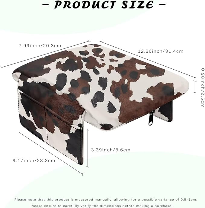 Dreaweet Brown Cow Print Center Console Cover Thick Arm Rest Cover for Car Women Cute Car Accessories Interior Comfy Anti Slip Middle Console Cushion Cover Pad with Pockets