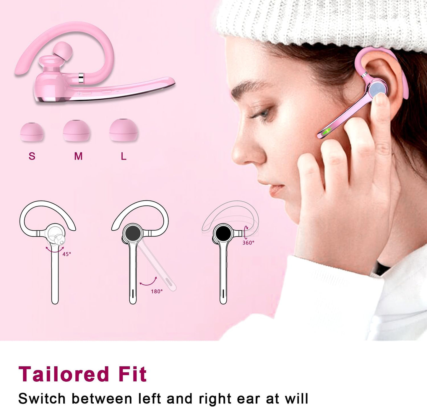 Bluetooth Headset, Wireless Bluetooth Earpiece with 500mAh Charging Case 72 Hours Talking Time Built-in Microphone for iOS Android Cell Phone, V5.1 Hand-Free Headphones for Trucker, Office-Pink