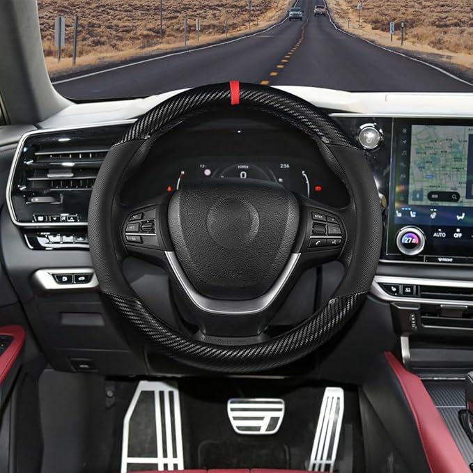 Carbon Fiber Car Steering Wheel Cover, Universal 15 inch Breathable Anti Slip Steering Wheel Covers, Car Interior Accessories for Men and Women, Fit for Most Vehicles (Black)