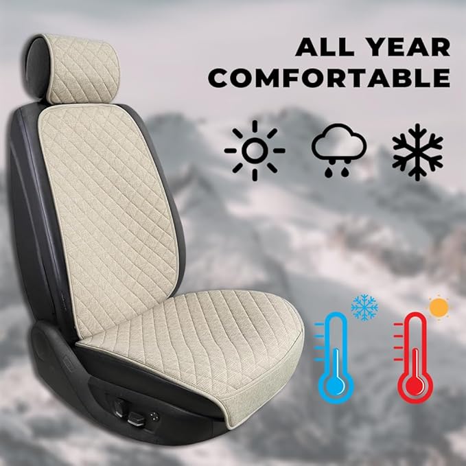 2PCS Linen Car Seat Covers Front Seats,Breathable Cloth Fabric Car Seat Protector - Universal Cloth Seat Covers Fit for Cars, Vans, SUVs, Trucks and for All Seasons - Beige